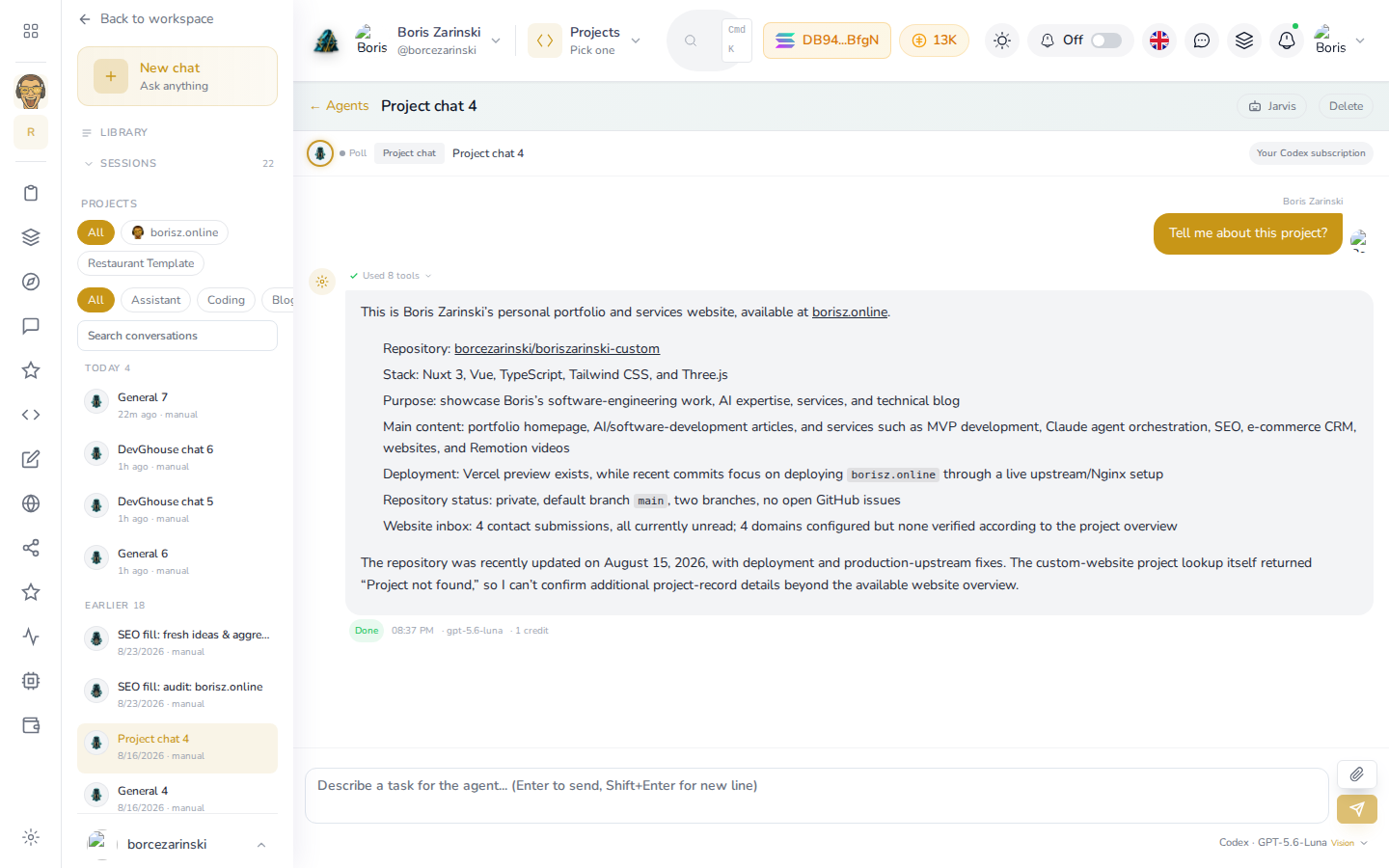 A saved conversation open in Agents: the customer asked "Tell me about this project?" and the agent answered with a multi-paragraph summary, Done, timestamp, model and credit cost underneath