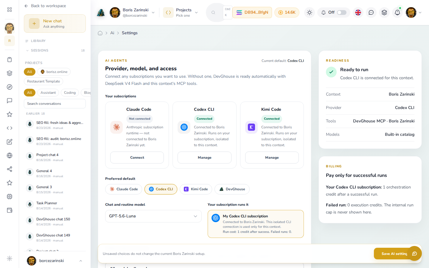 AI settings: three subscription cards (Claude Code, Codex CLI, Kimi Code), a preferred default, and readiness and billing panels on the right