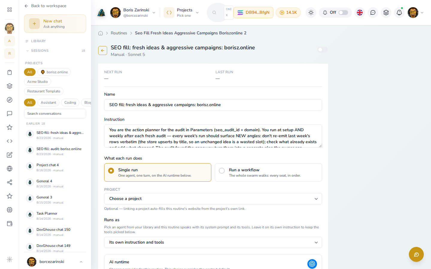 An automation's detail page, showing its name, instruction, and whether it runs as a single agent or a workflow
