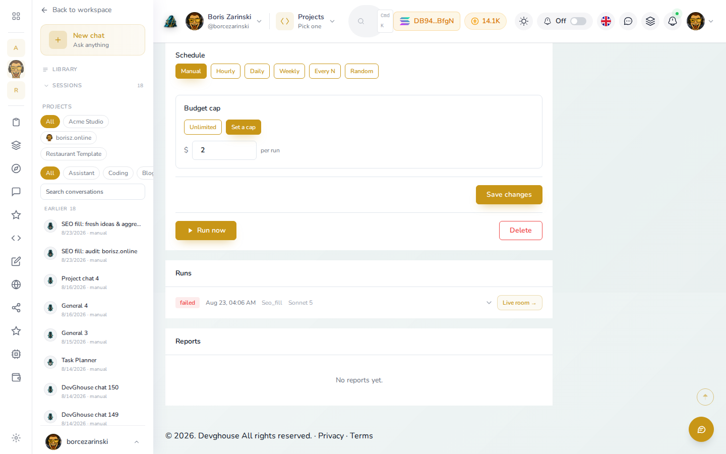The schedule picker, a budget cap set to $2 per run, Run now, and Delete