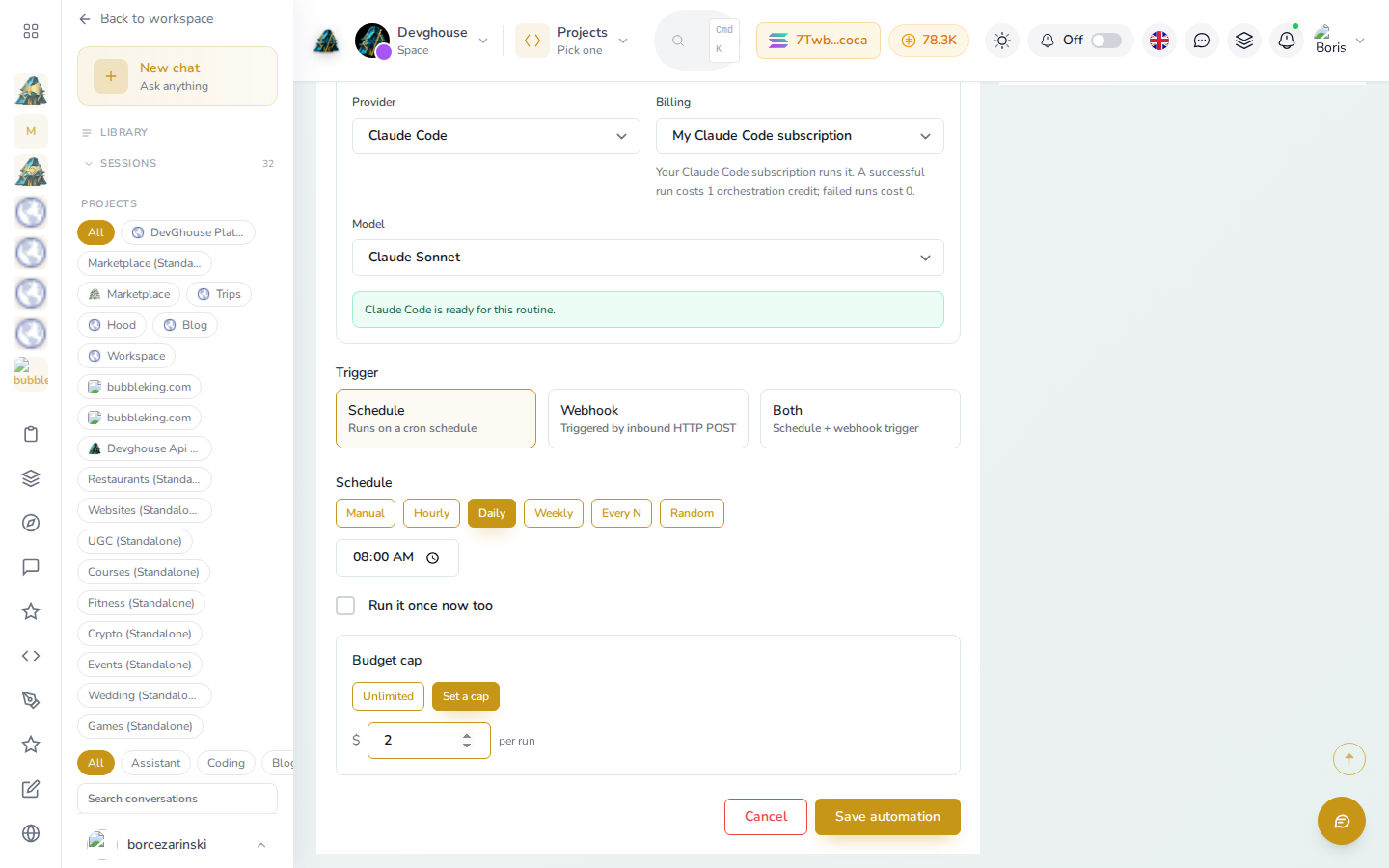 The AI runtime resolved to Claude Code and Claude Sonnet with a green "ready" line, the trigger set to Schedule, the schedule set to Daily at 08:00 AM, and a budget cap of $2 per run