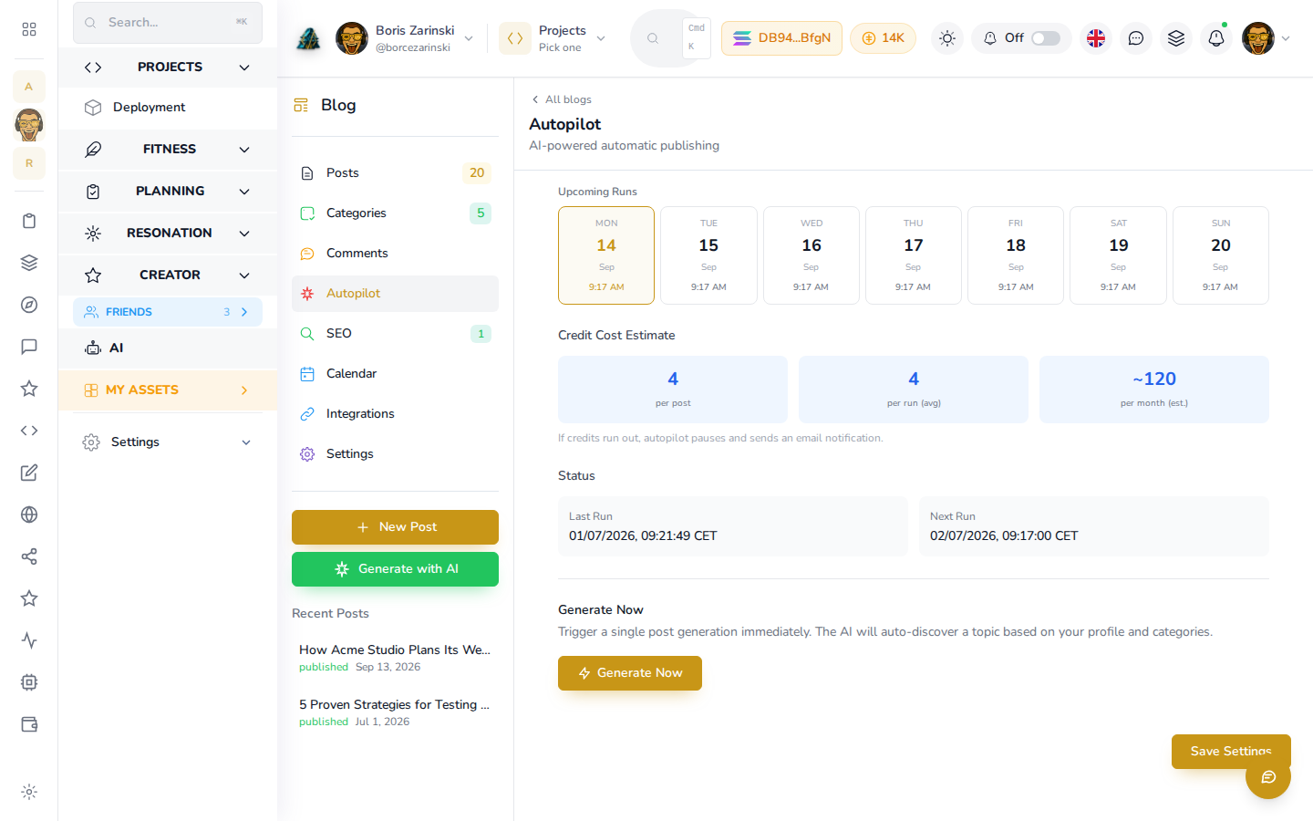 Upcoming runs, credit cost estimate, status and the Generate Now button