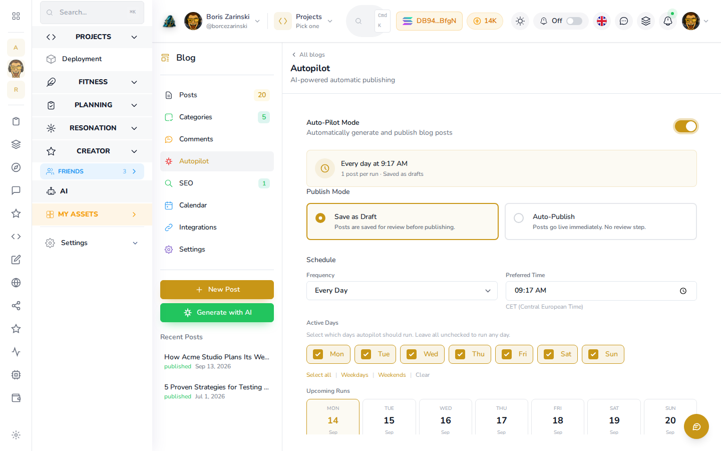 The Autopilot screen with Auto-Pilot Mode on, showing Publish Mode, Schedule and Active Days
