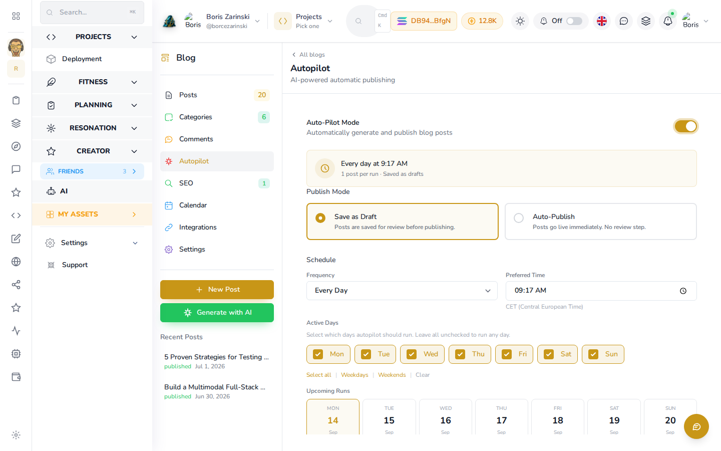 The Autopilot tab with Auto-Pilot Mode on, showing Publish Mode, the schedule and Active Days already expanded below the switch