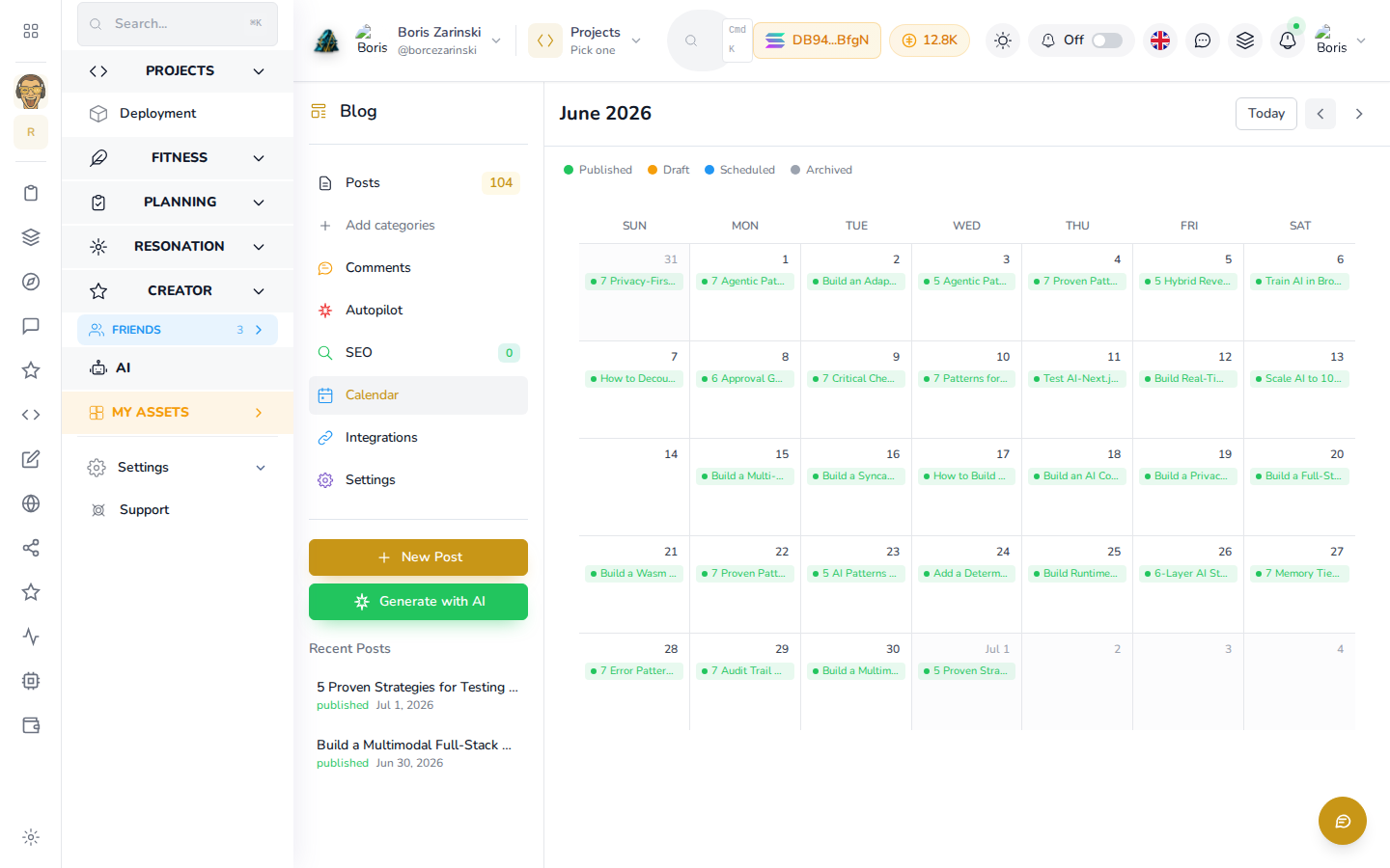 The Calendar screen: a month grid with a published post on nearly every day, color-coded by status