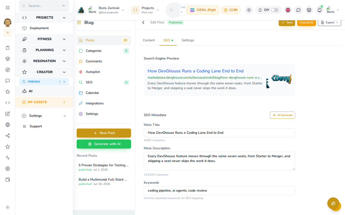 The SEO tab, showing a search-result preview and meta title, description and keyword fields