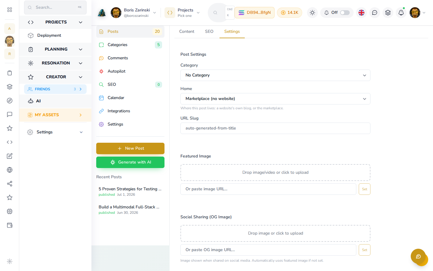 The Home select with Marketplace (no website) chosen