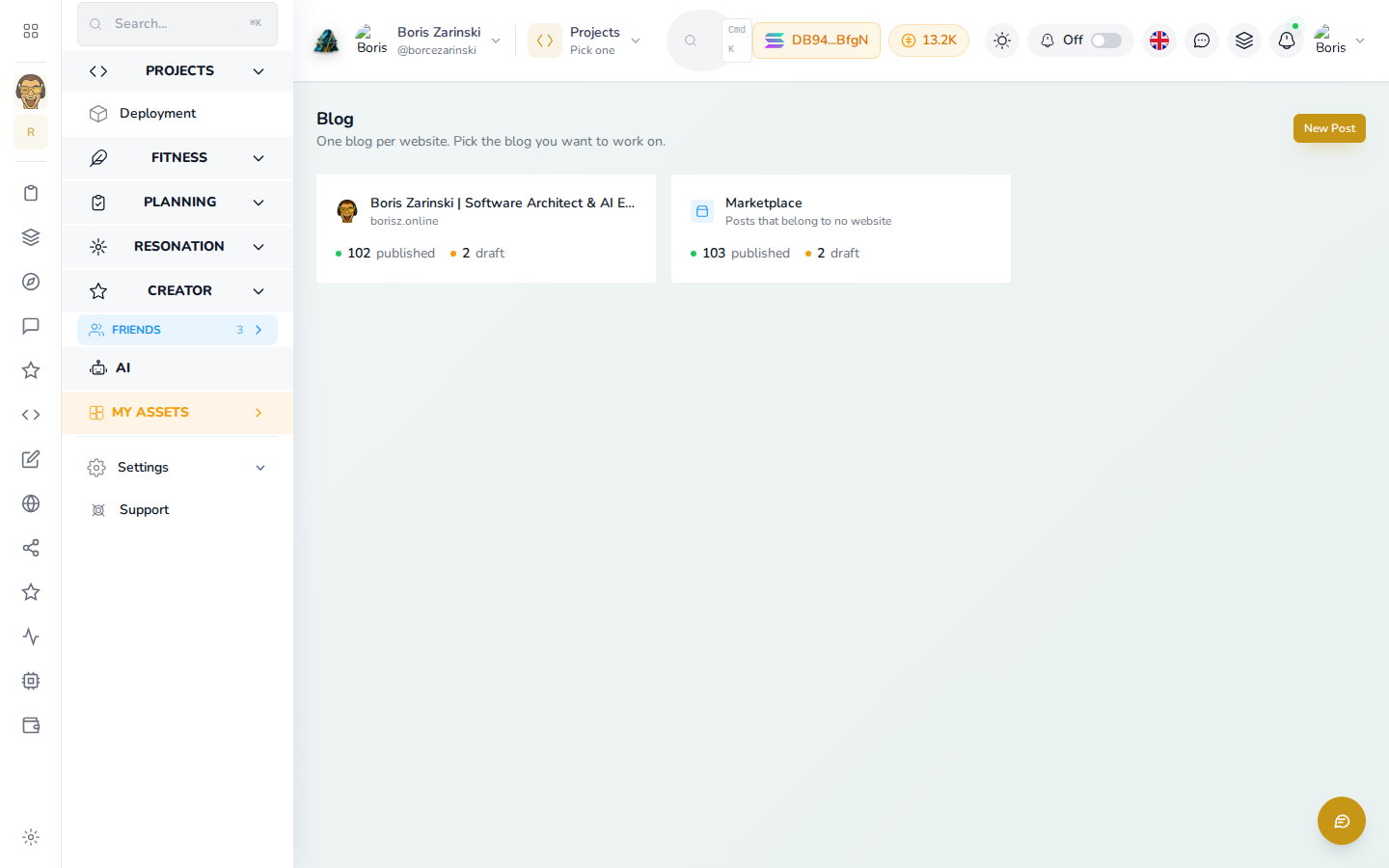 The Blog outlook, showing one card per website plus a Marketplace card