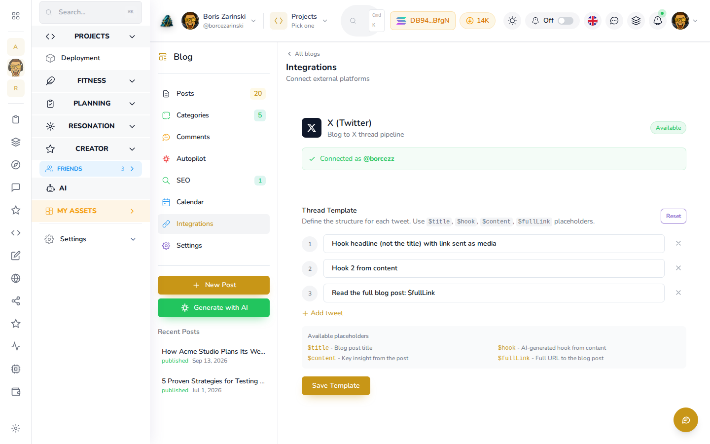 The Integrations screen: X (Twitter) connected, plus the Thread Template editor