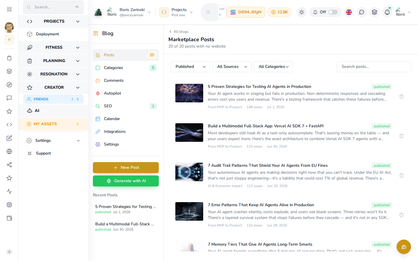 The Marketplace Posts list, with status filters and a search box