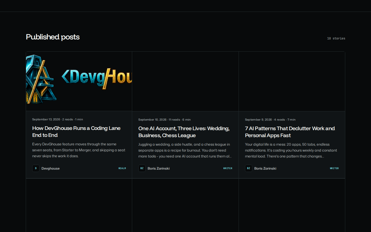 An author's public page, scrolled past the bio to the grid of their published posts