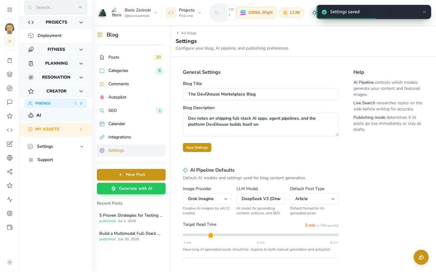 The Settings screen: Blog Title, Blog Description, and AI Pipeline Defaults with Image Provider, LLM Model, Default Post Type and Target Read Time