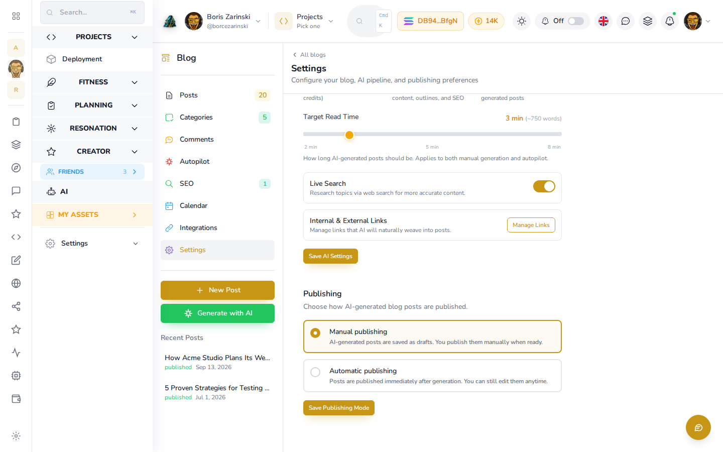 Live Search, Internal & External Links, and Publishing mode