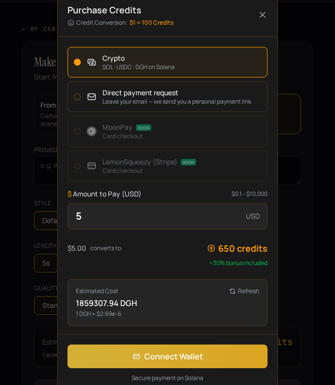 The Purchase Credits screen: payment method, amount in USD, the credit conversion, and Connect Wallet