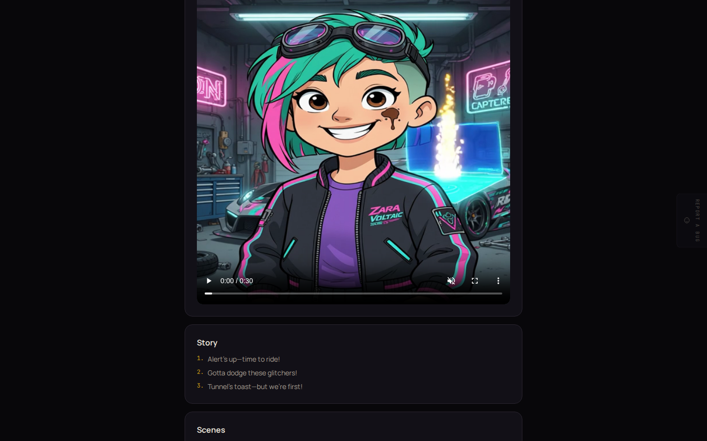 A finished cartoon's page: status, the story premise, the video player with its finished first frame loaded and ready to play, the numbered story beats, and the per-scene tiles below