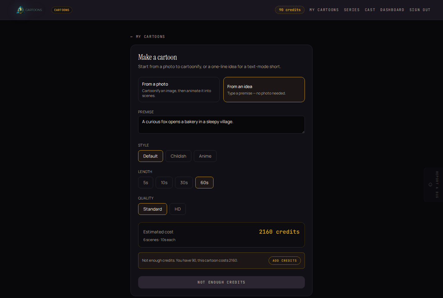 The insufficient-credits warning: balance and cost shown, with an Add credits button next to a disabled Generate button