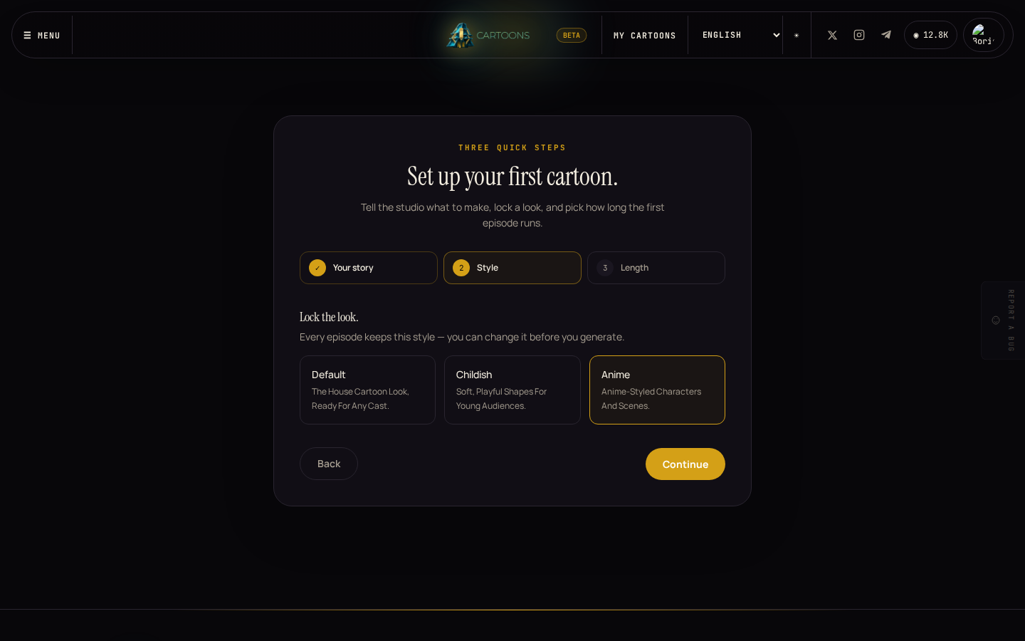 Step 2 of the setup wizard, signed in: Anime picked, differing from the Default preselection