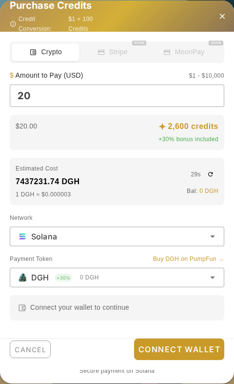 The Purchase Credits window: amount in USD, the credits it converts to, and paying with a connected crypto wallet