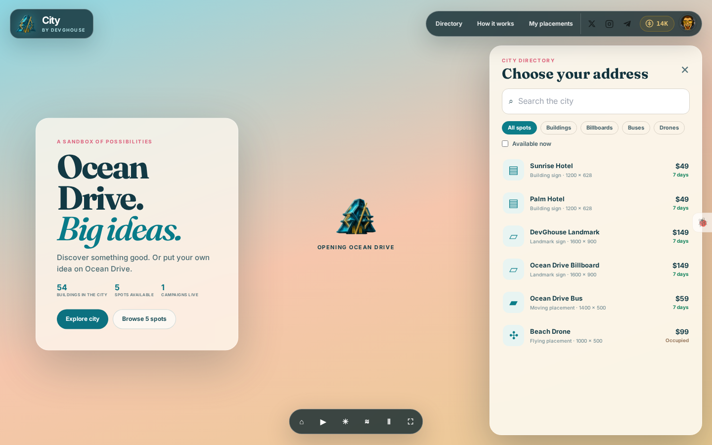 The City directory: every spot with its type, size, price and availability