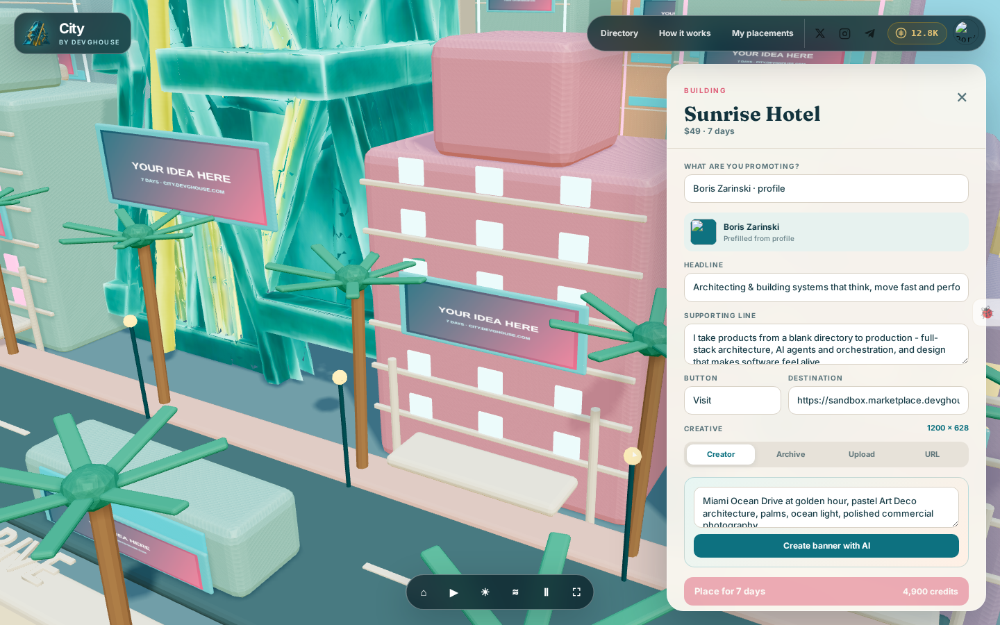 The view controls along the bottom center of the scene, with the Sunrise Hotel placement panel open on the right, prefilled from Boris Zarinski's profile