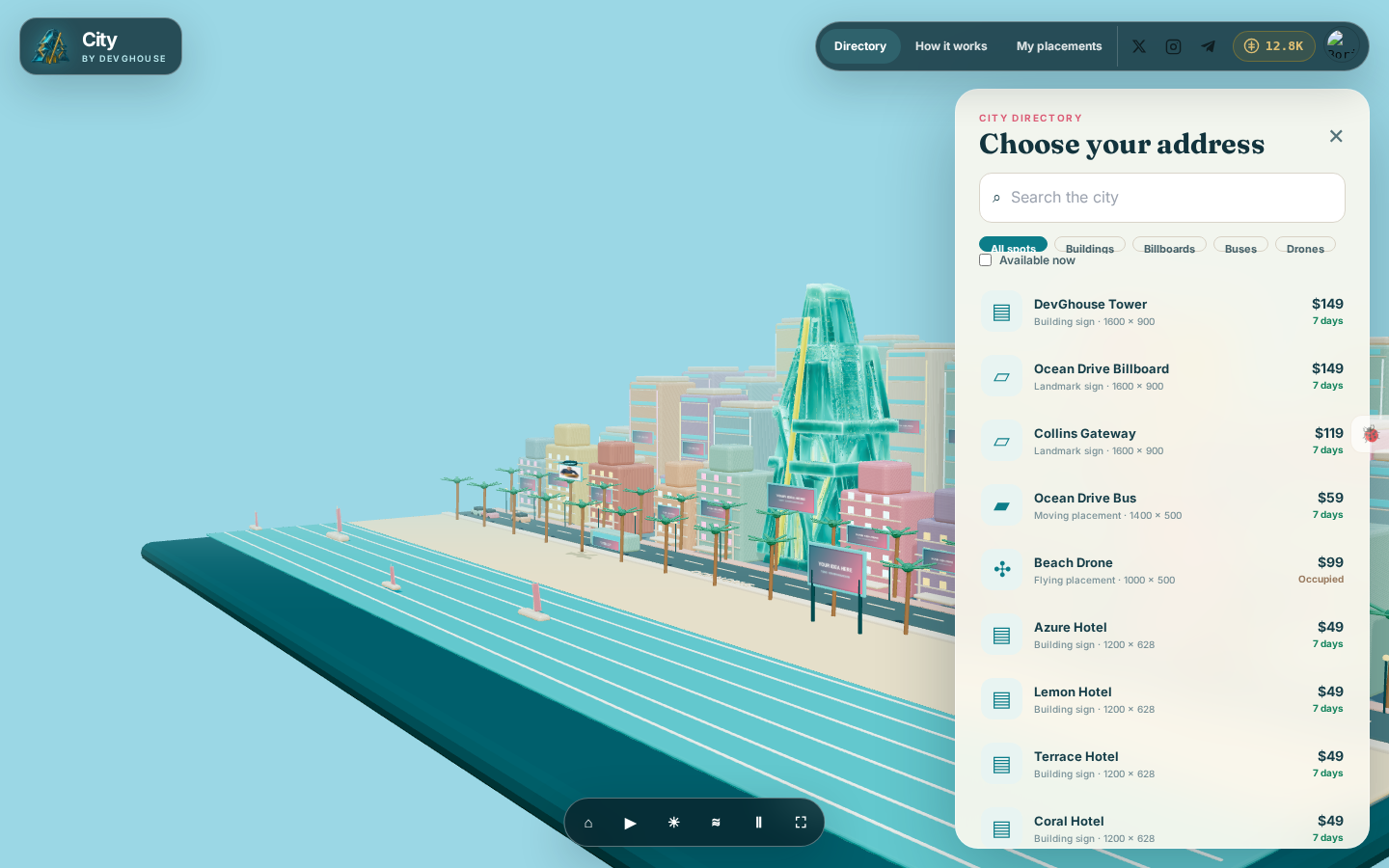 Signed in to City, with the Directory open over the rendered Ocean Drive scene, listing real spots like DevGhouse Tower and Sunrise Hotel with their live prices