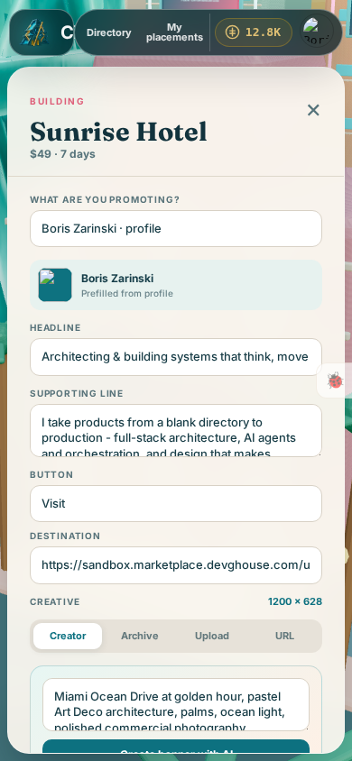 City on a phone, signed in, with the Sunrise Hotel placement form open and filled in from a real DevGhouse profile