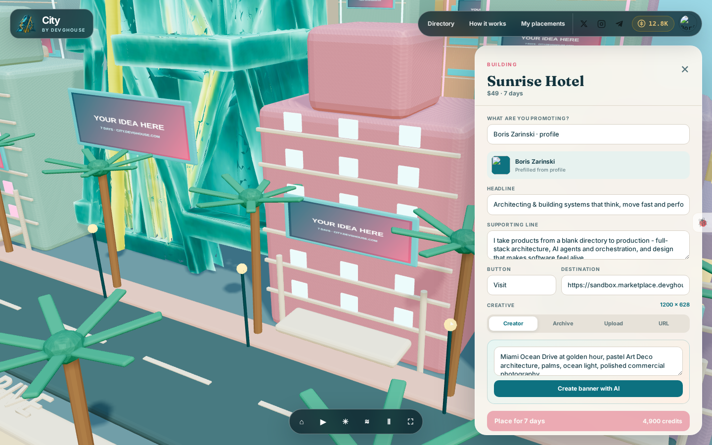 The Sunrise Hotel placement form, prefilled from Boris Zarinski's profile with a real headline and supporting line, the Creator tab open and the price shown at the bottom