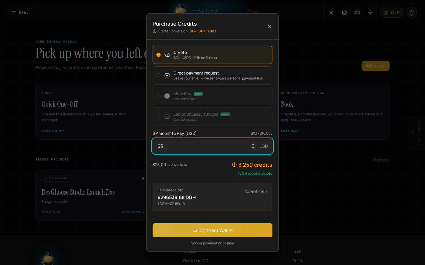 The purchase-credits screen with an amount entered, the credit conversion resolved to a real estimated cost, and no wallet connected yet
