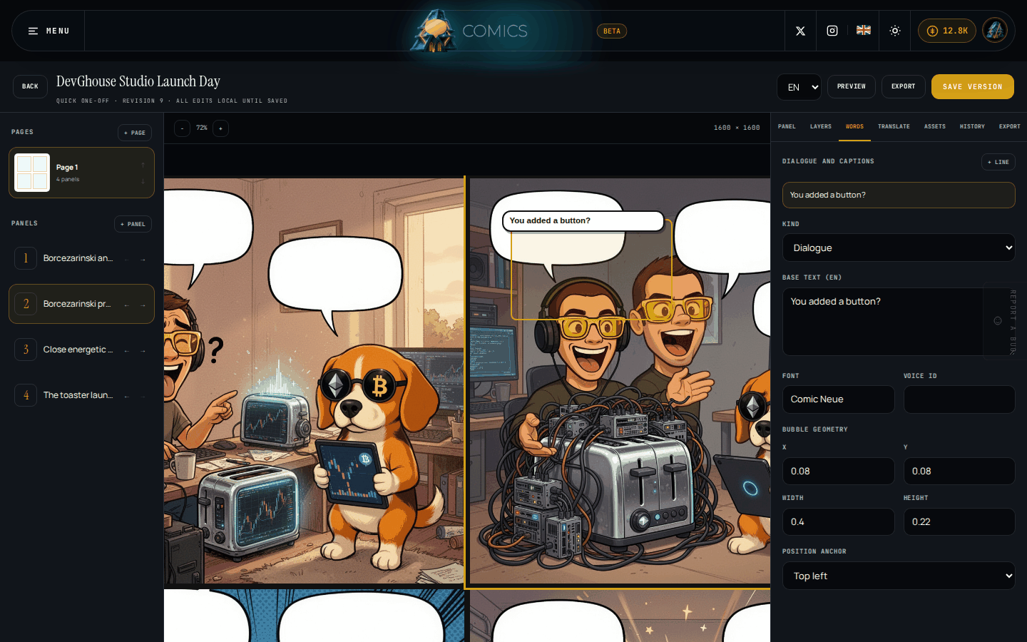The Words tab, with the dialogue line "You added a button?" filled in, its kind, base text, font, bubble geometry, and position anchor, the same line visible as a bubble on the panel's art in the canvas