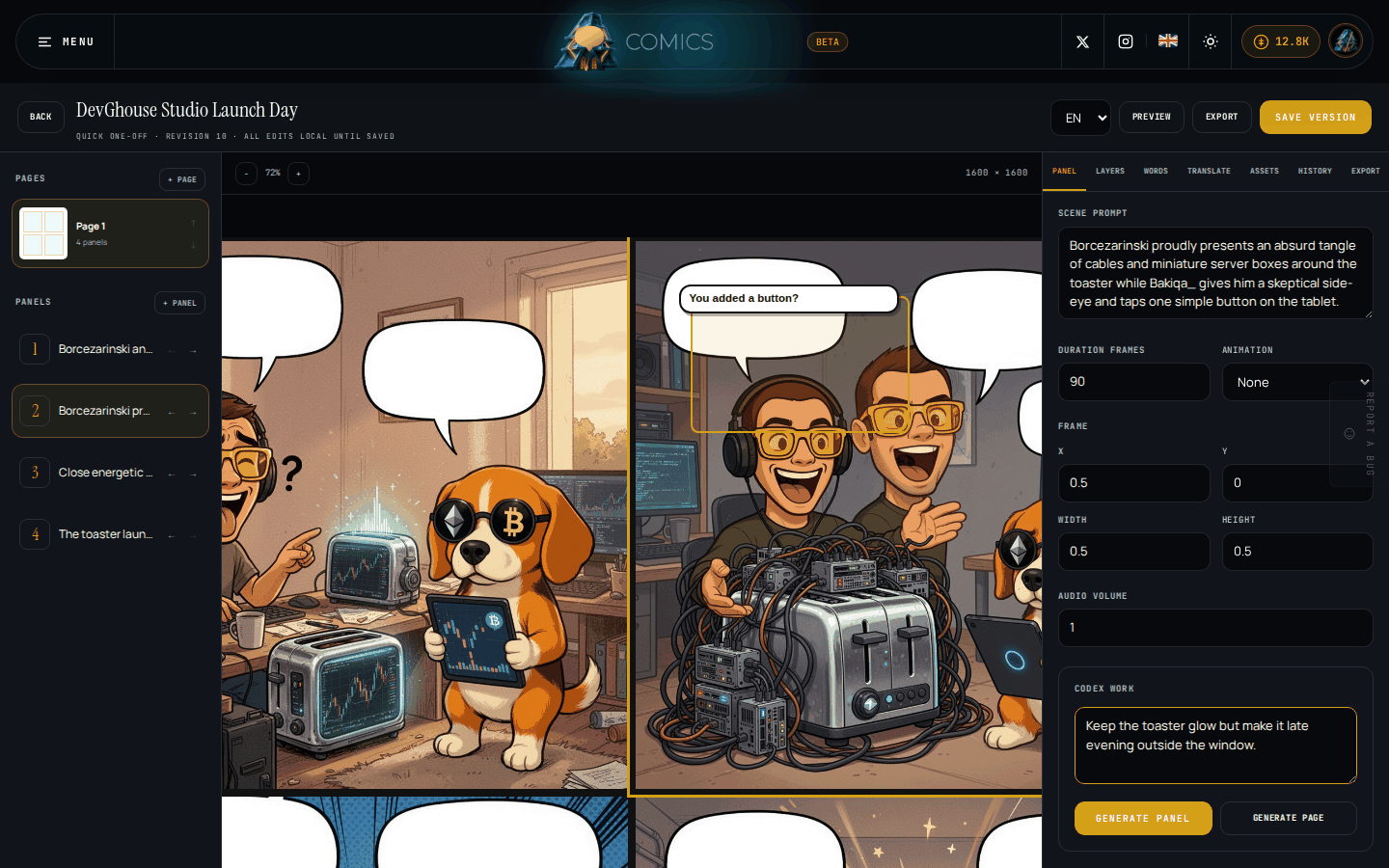 The Panel tab on a panel that already has generated art, with the scene prompt filled in and extra directions typed into the Codex work box before clicking Generate