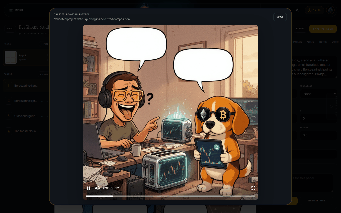 The preview modal mid-playback, showing a panel's generated art on screen with the duration counter past 0:00