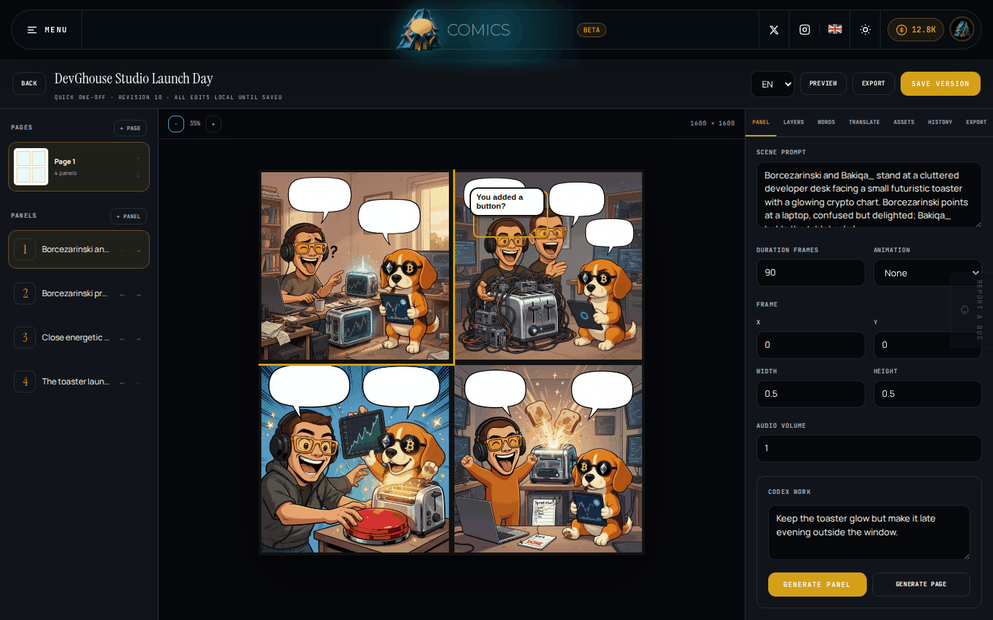 A signed-in editor with a finished DevGhouse comic page open: four panels of real generated artwork, a dialogue bubble, and the credits pill and account avatar in the header