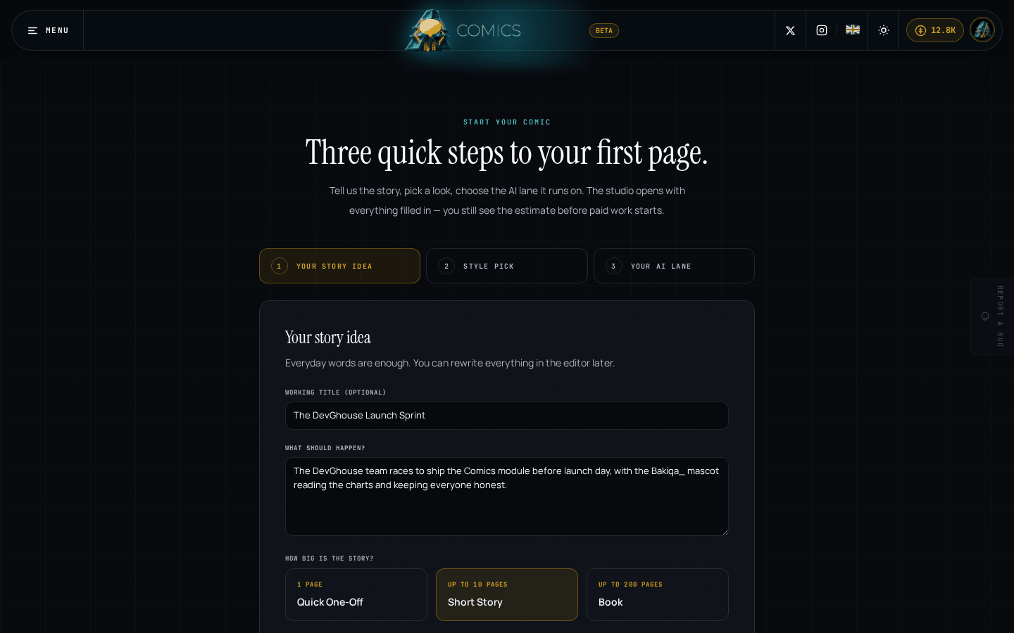 Step 1 of the wizard, signed in, with the working title "The DevGhouse Launch Sprint", a story description, and Short Story chosen and highlighted