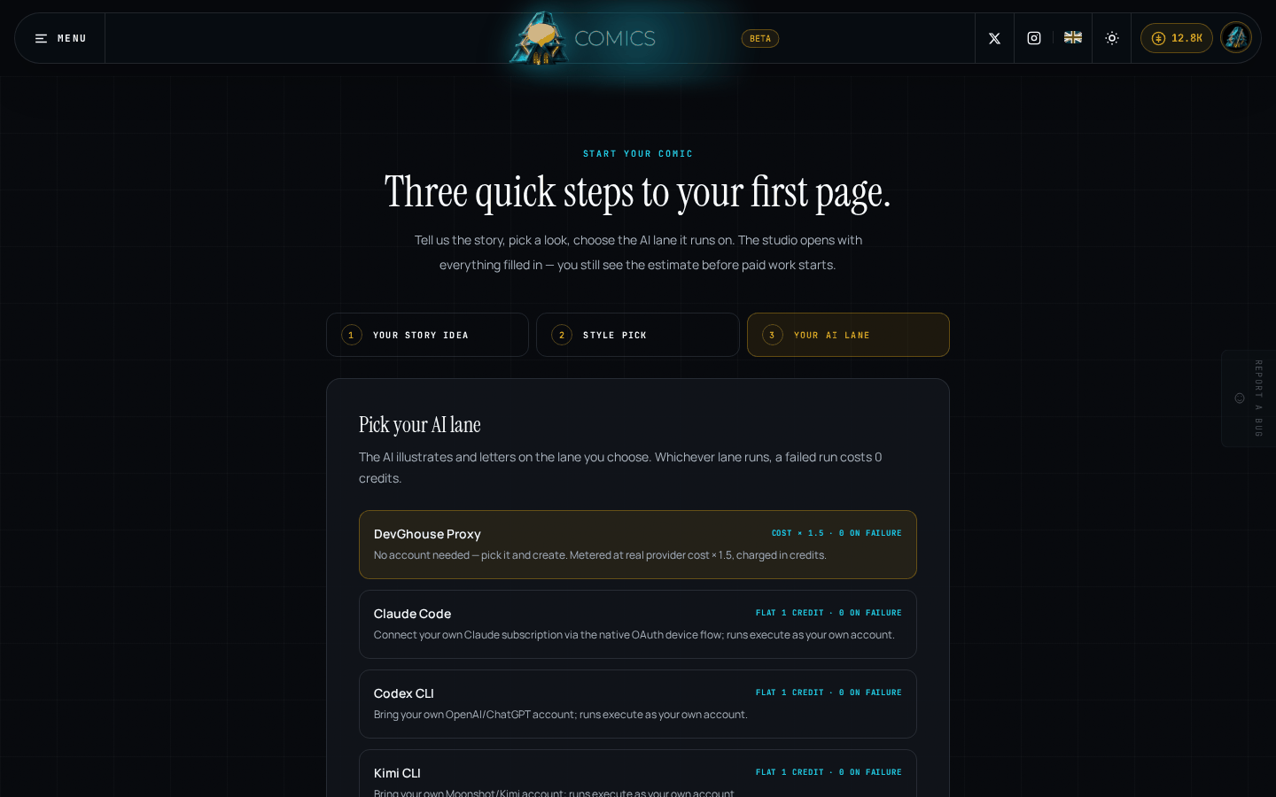 Step 3, signed in, with the DevGhouse Proxy lane deliberately selected, one click from Create my comic