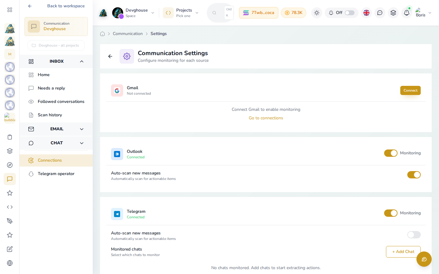 Communication Settings for a connected Outlook and Telegram, the Outlook Monitoring toggle switched on right after clicking it