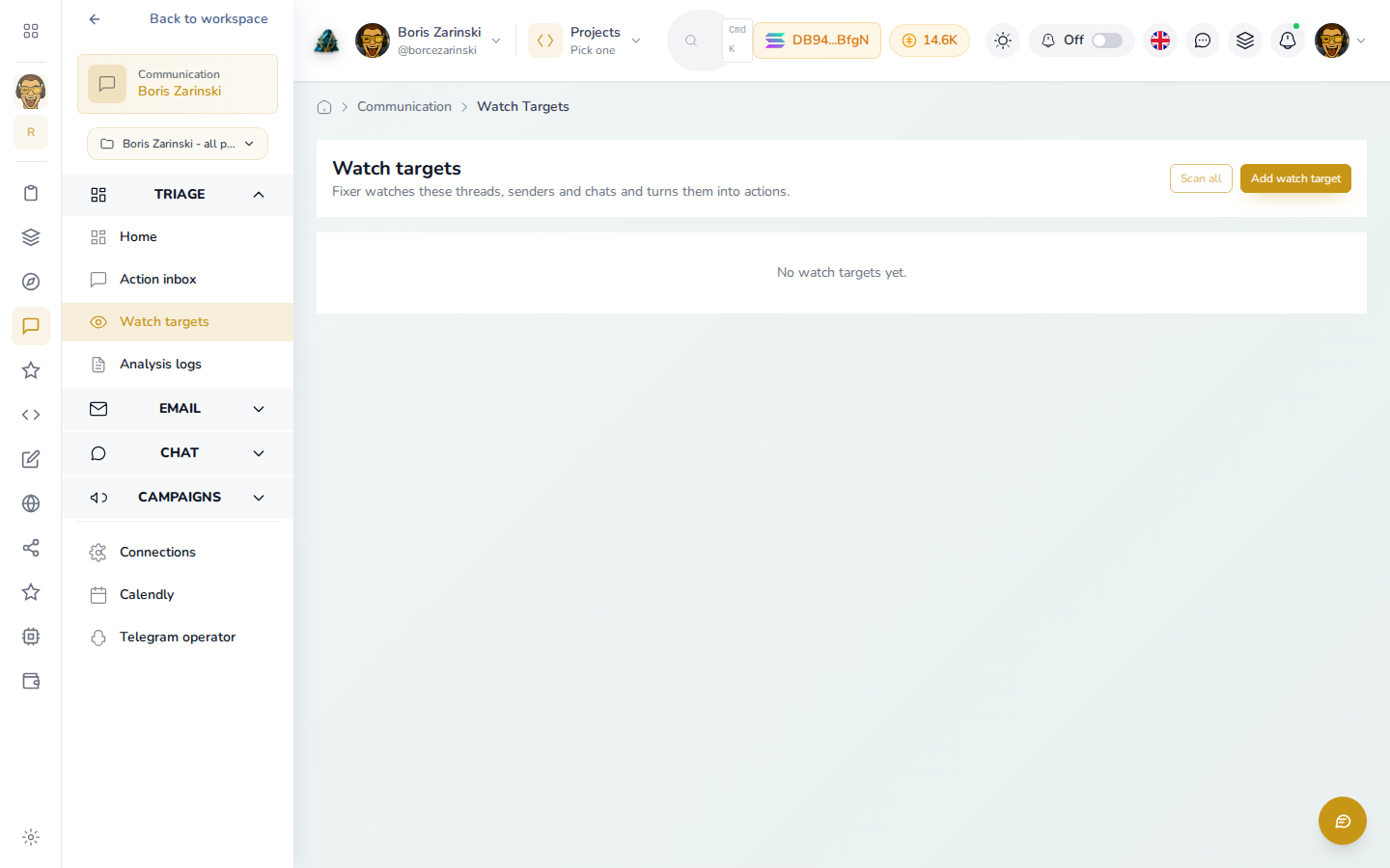 The Followed conversations page, empty, with Scan all and Follow a conversation buttons