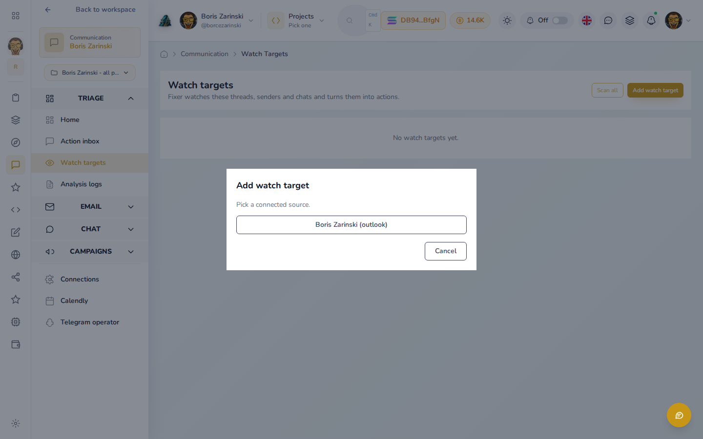 Picking a connected source in the Follow a conversation dialog