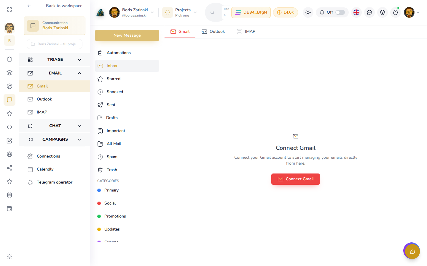 The Gmail inbox screen inside Communication, before an account is connected