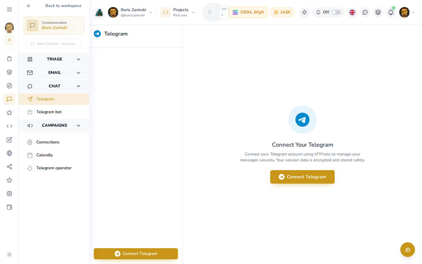 The Telegram connection screen before it's connected