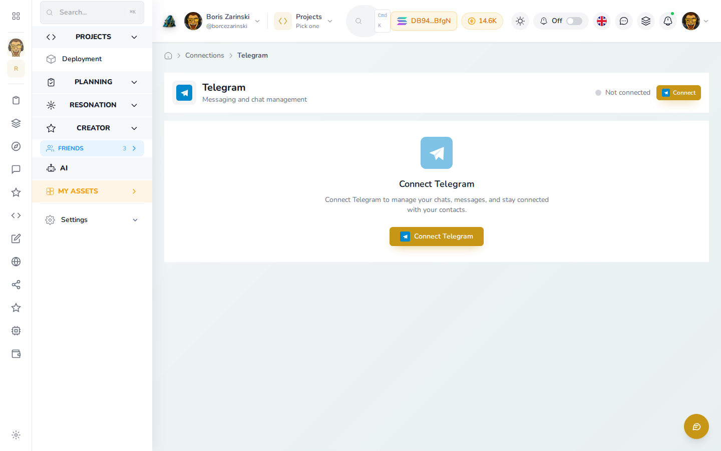 The Telegram entry under Connections