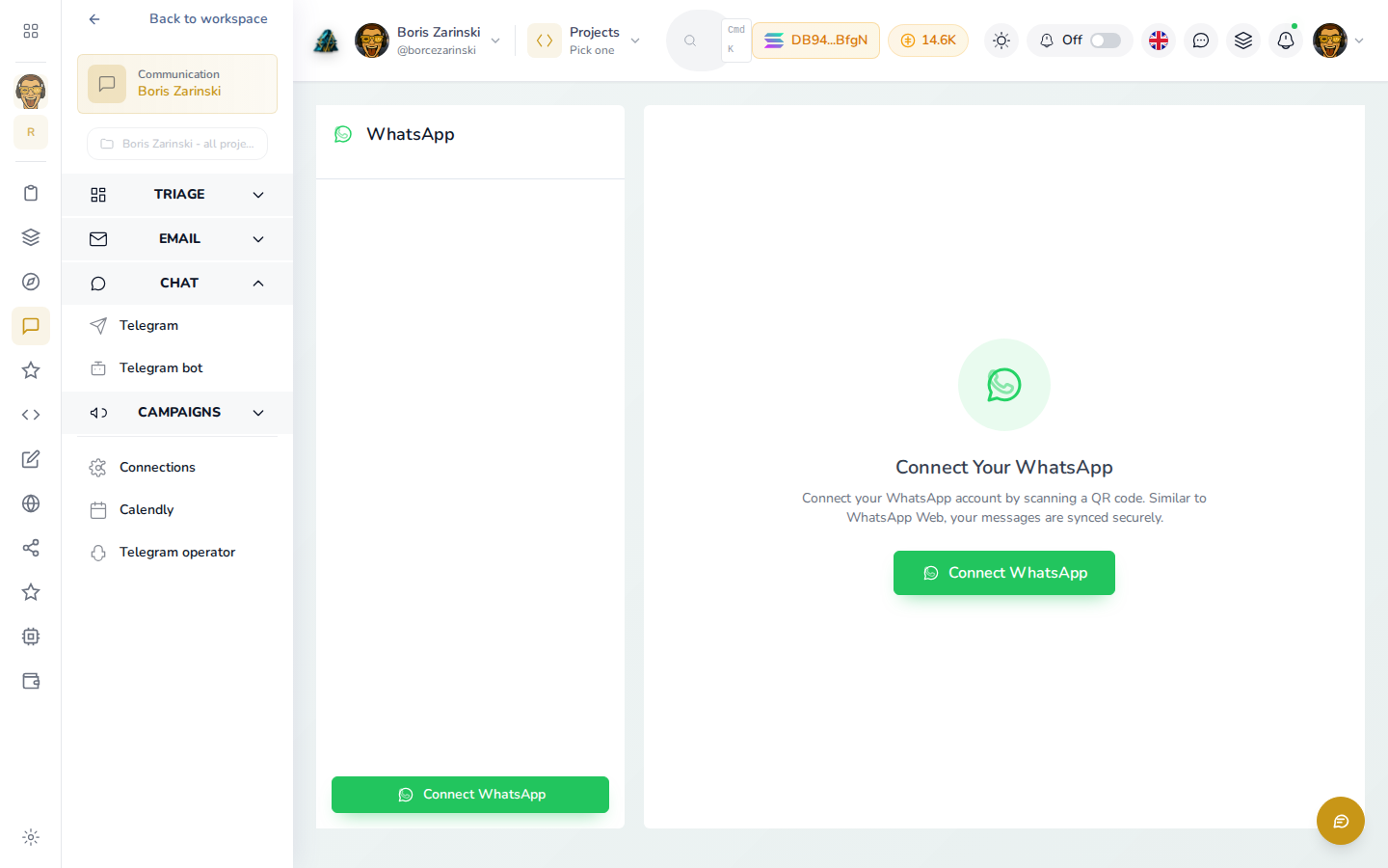 The WhatsApp connection screen, marked as coming soon