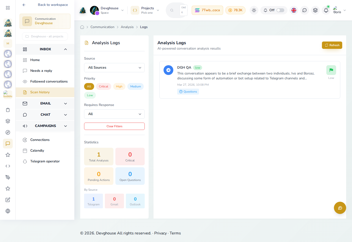 The Scan history page with filters for source, priority and whether a response is required, and a real Telegram scan result on the right with its priority badge