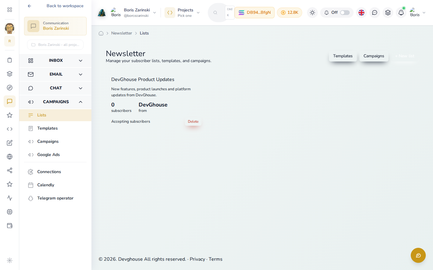 The Campaigns section of the sidebar, expanded, showing Lists, Templates, Campaigns and Google Ads