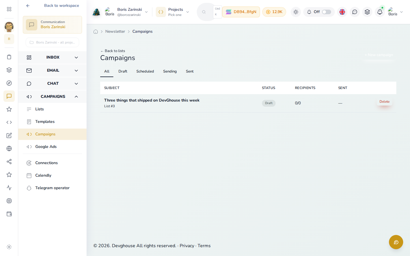 The Campaigns list with a real draft: subject, source list and a 0/0 recipient count since it has not been sent