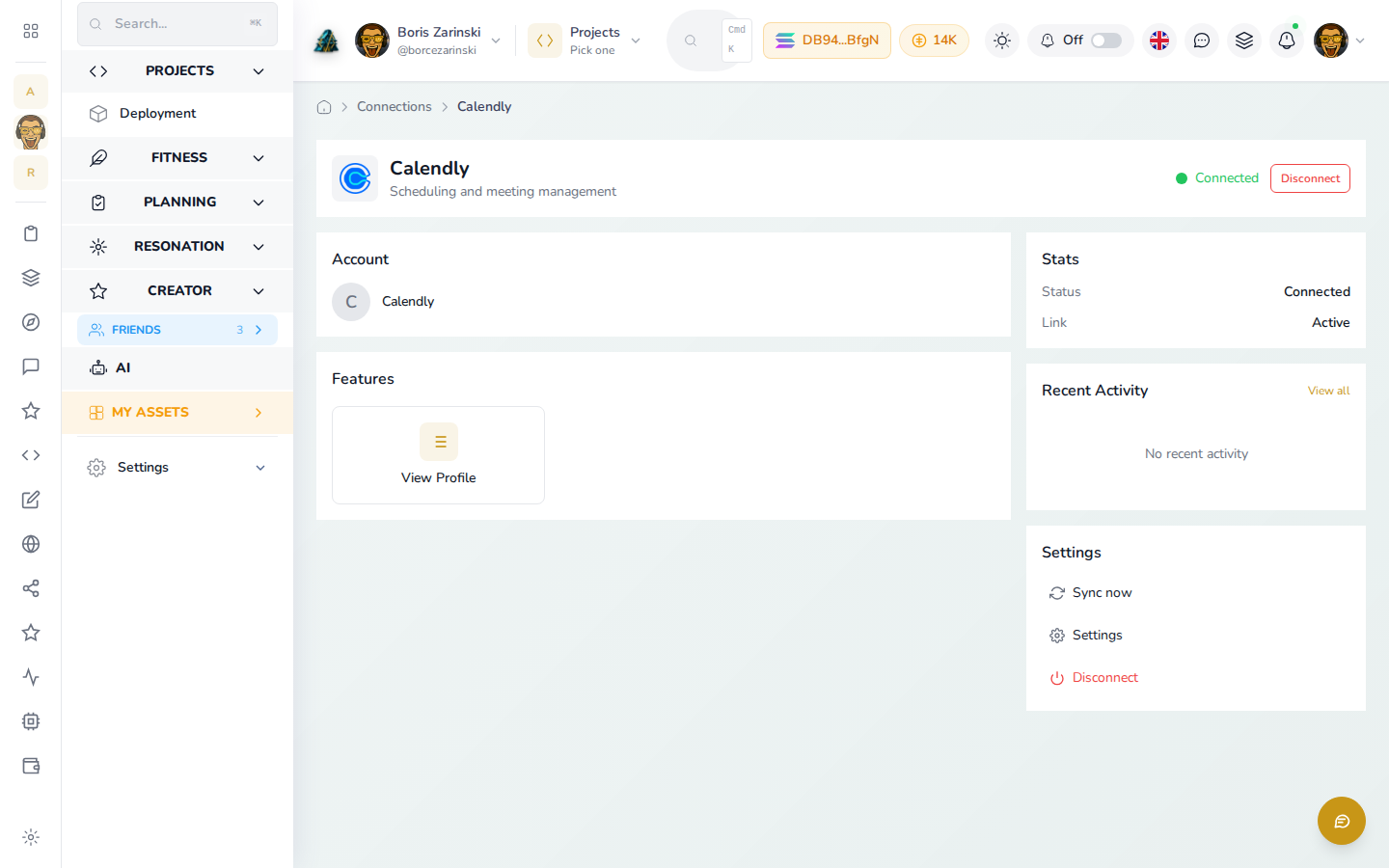 The Calendly connection page, connected, with a link to your scheduling page