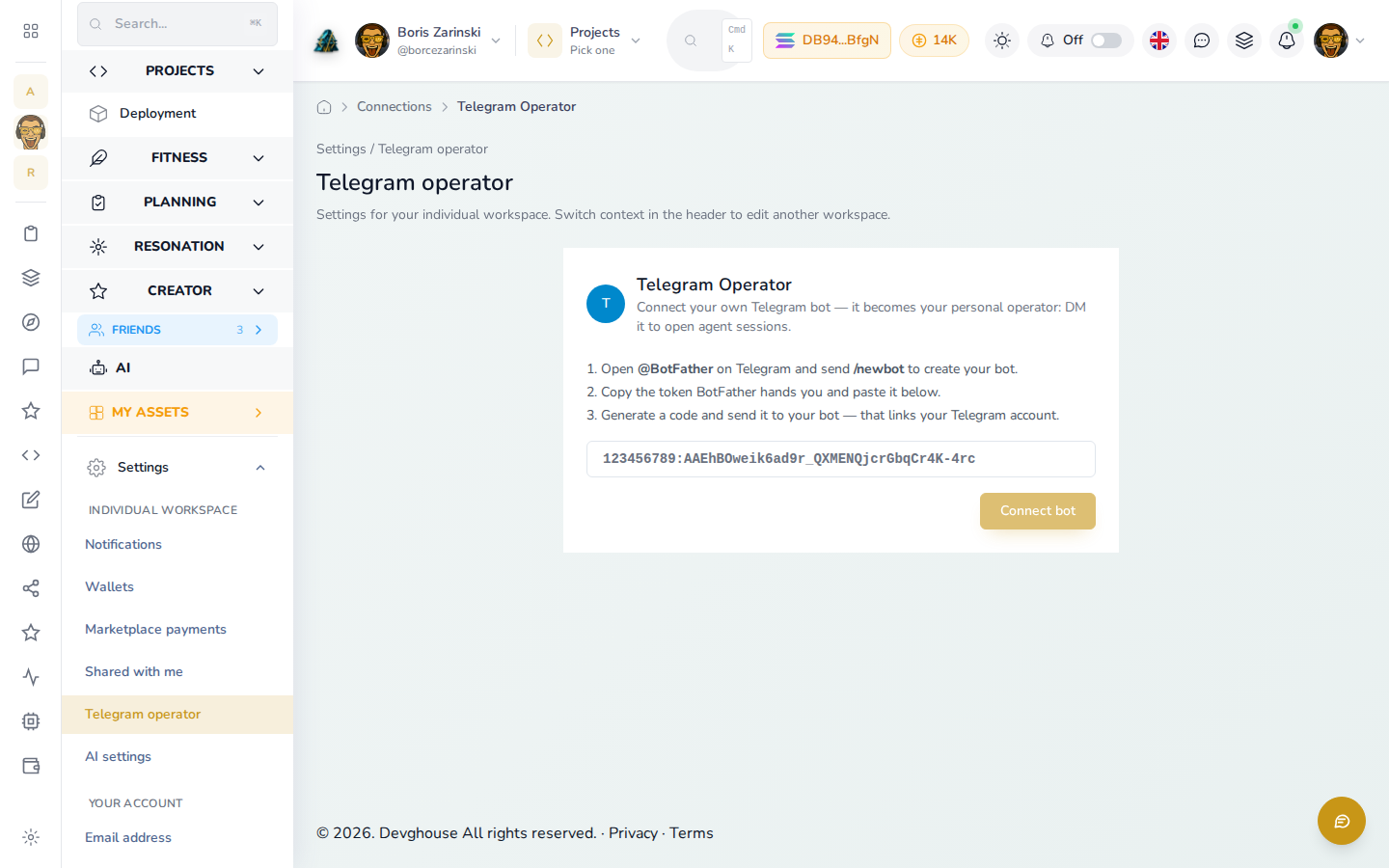The Telegram operator connection page, with the setup steps for BotFather