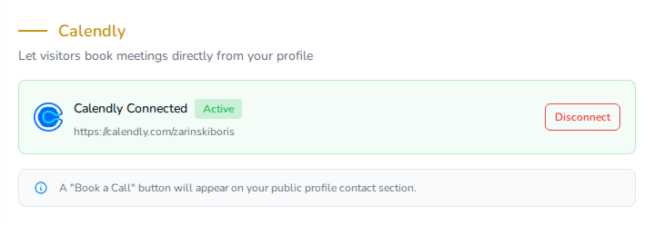 The Calendly panel on your Marketplace public page settings, with a Connect button