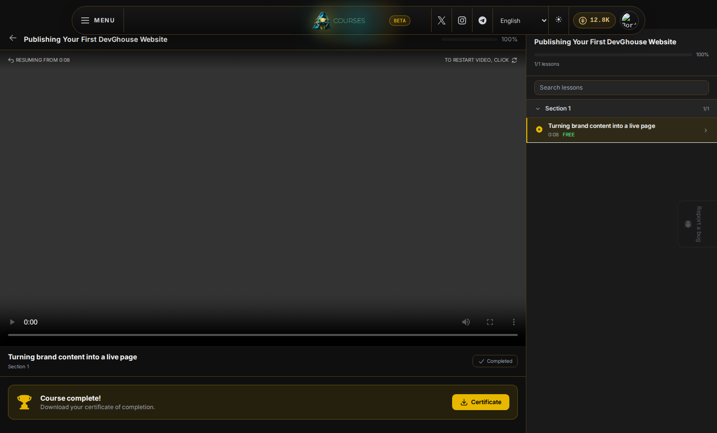 A finished course at 100%, with the Course complete! banner and the Certificate download button