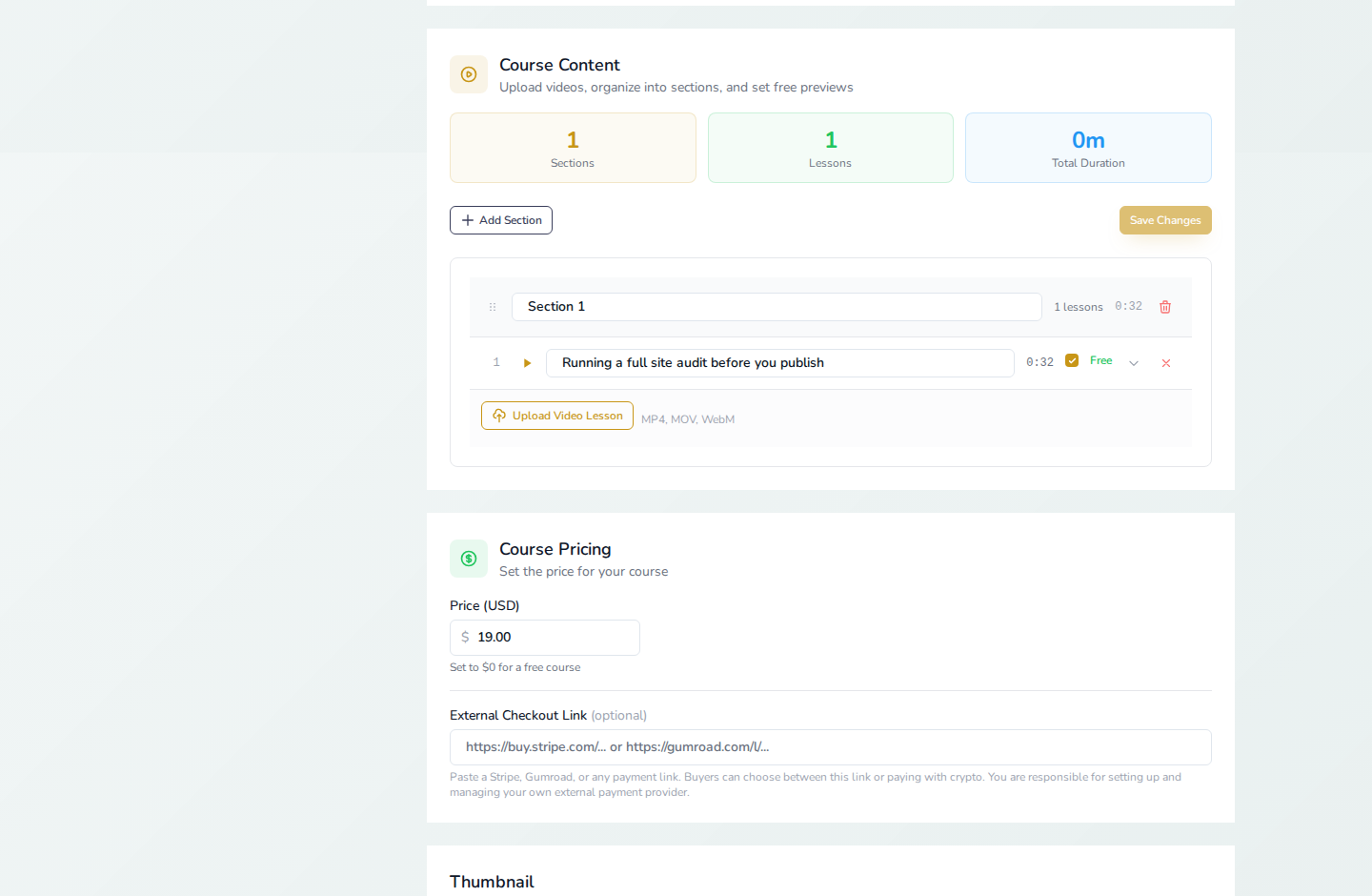 The Course Content and Course Pricing sections on a real course: a section with a named, timed video lesson marked Free, and a price of $19.00