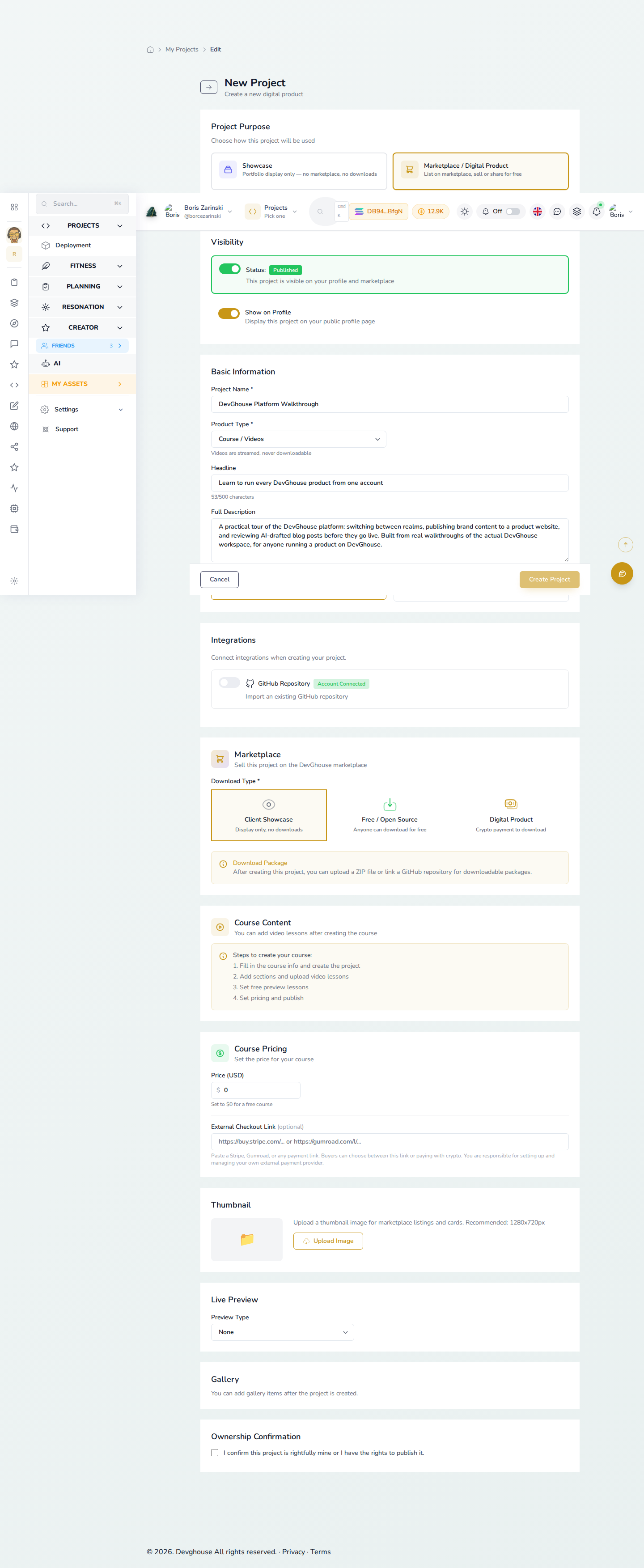 The New Project form filled in with a real course: title, Product Type set to Course / Videos, and a written headline and description